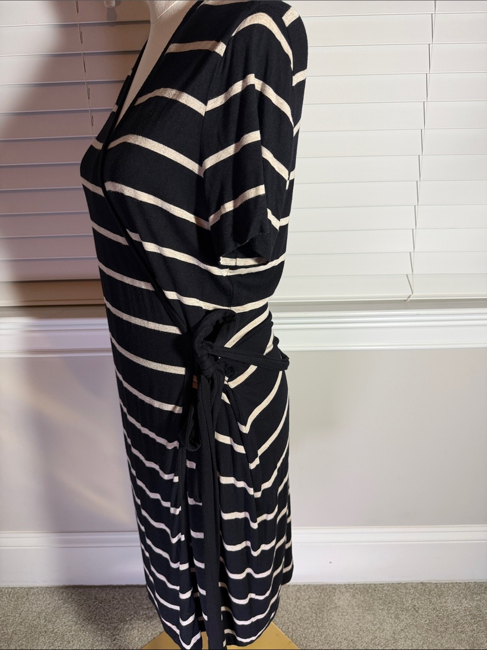 Black & Cream Striped Wrap Dress - Classic V-Neck - Picture 3 of 4